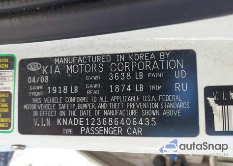 2008 Kia Rio Lx from USA, damaged, VIN KNADE123686406435